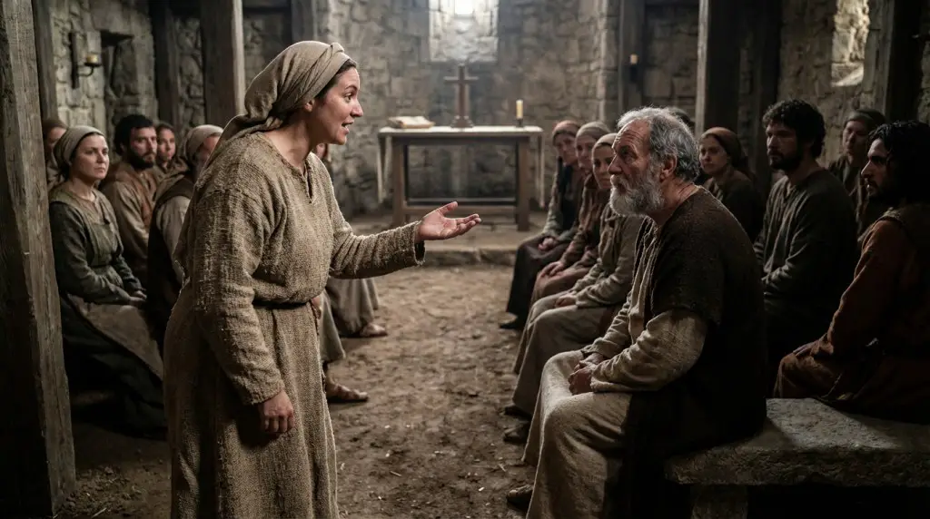 a woman arguing with a man in a church