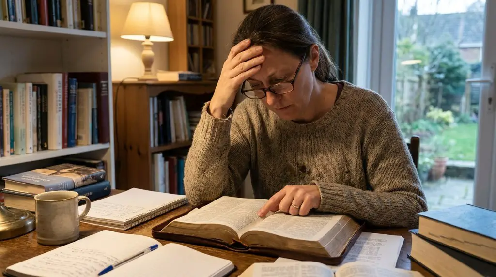 a woman seriously studying the Bible
