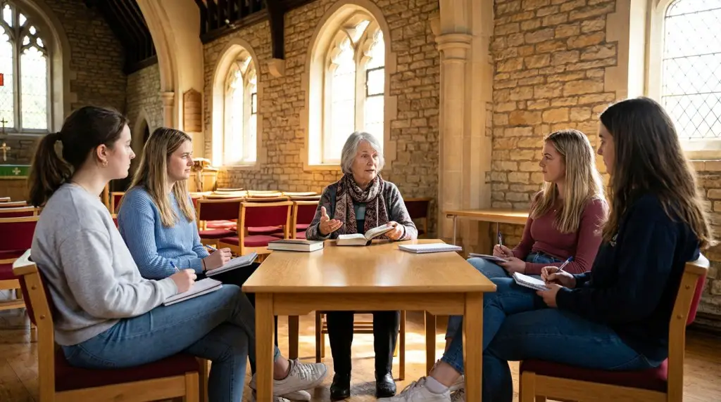 an older woman teaching the young women