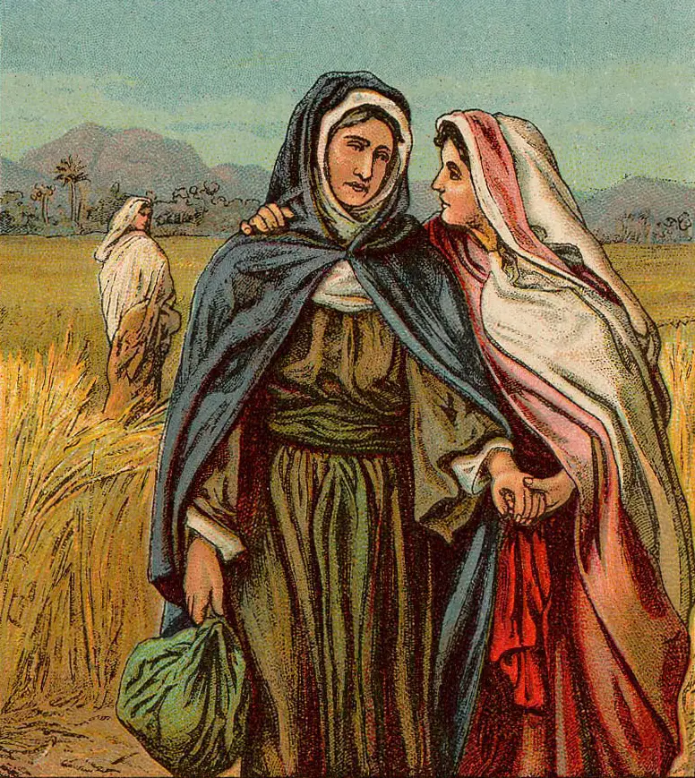 Ruth staying with Naomi while Orpah walking away.