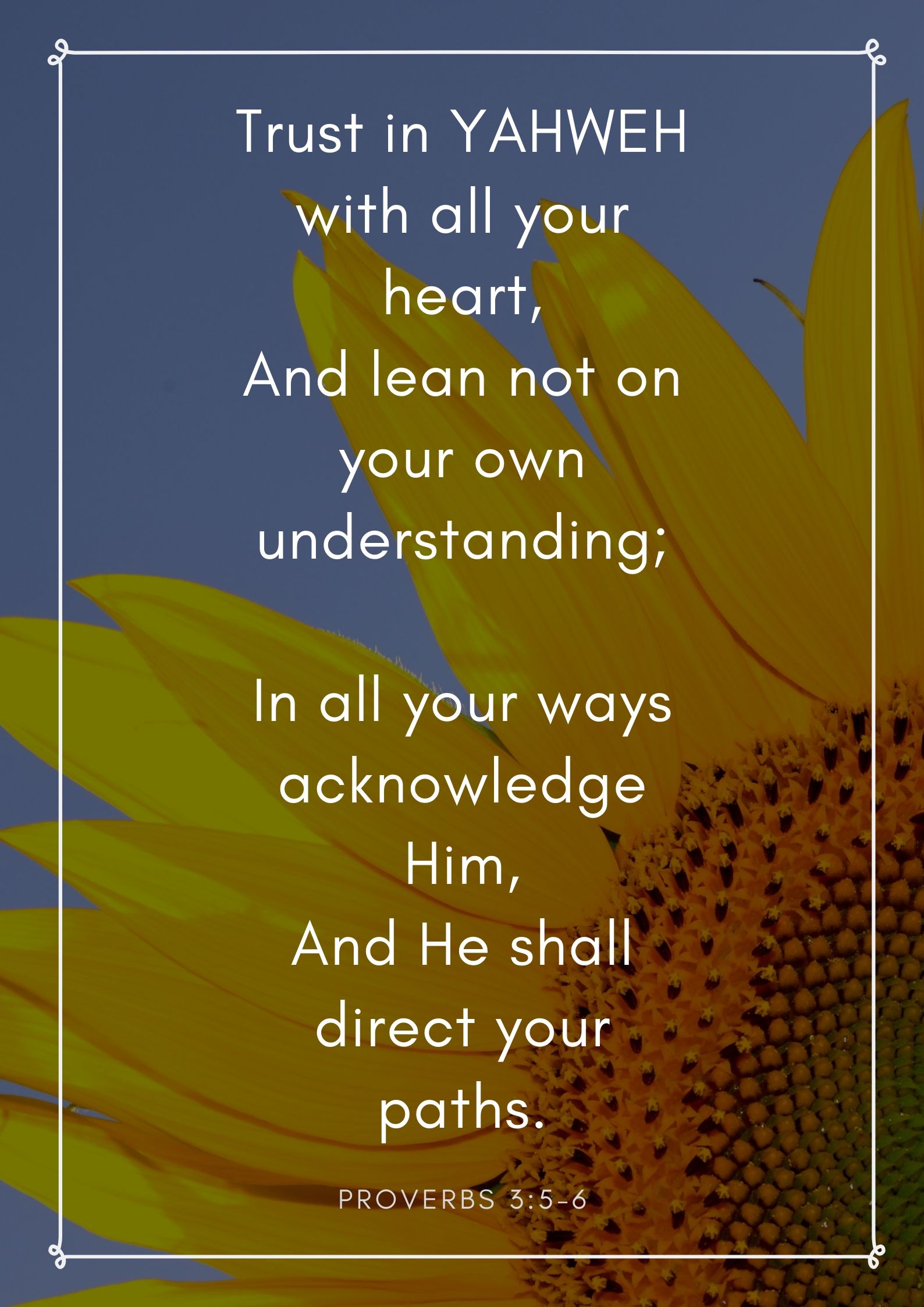 Trust in YAHWEH with all your heart, And lean not on your own understanding; In all your ways acknowledge Him, And He shall direct your paths. Proverbs 3:5-6