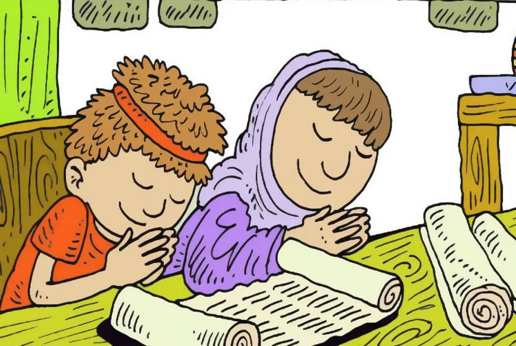 Lois and Eunice teaching young Timothy the fear of God and His Word.