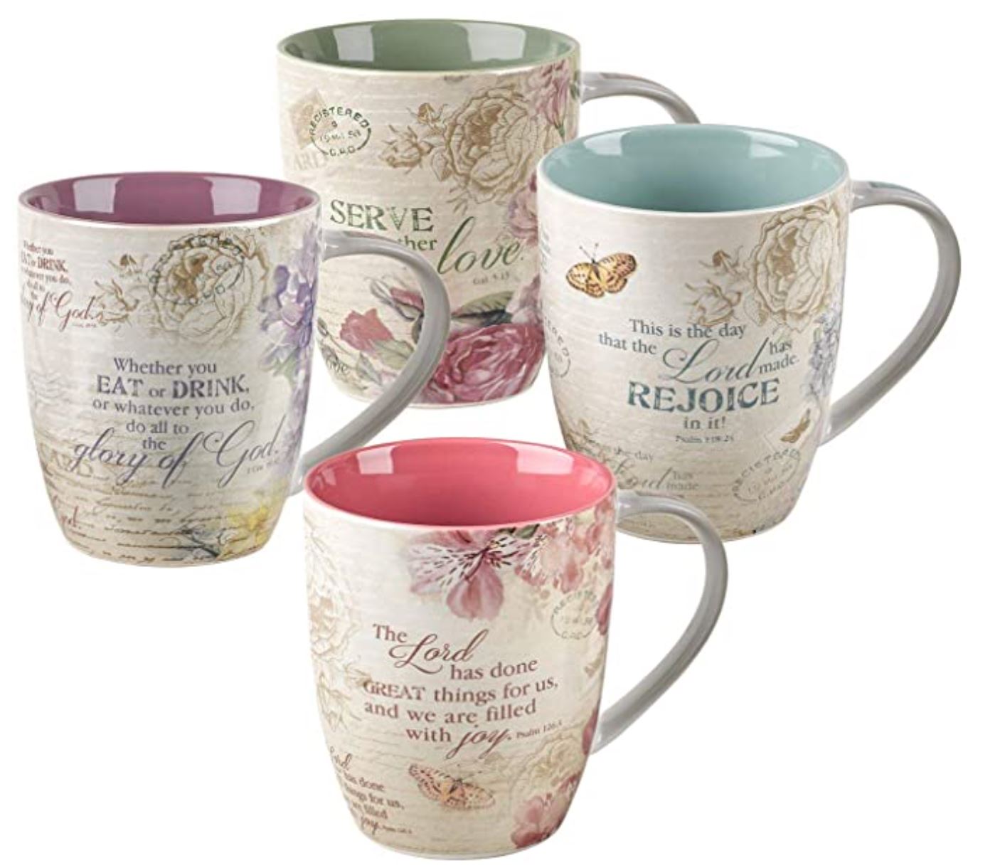 Christian Art Gifts Ceramic Coffee/Tea Mug Set for Women | Vintage Botanic Floral Inspirations Design Bible Verse Mug Set | Boxed Set/4 Coffee Cups