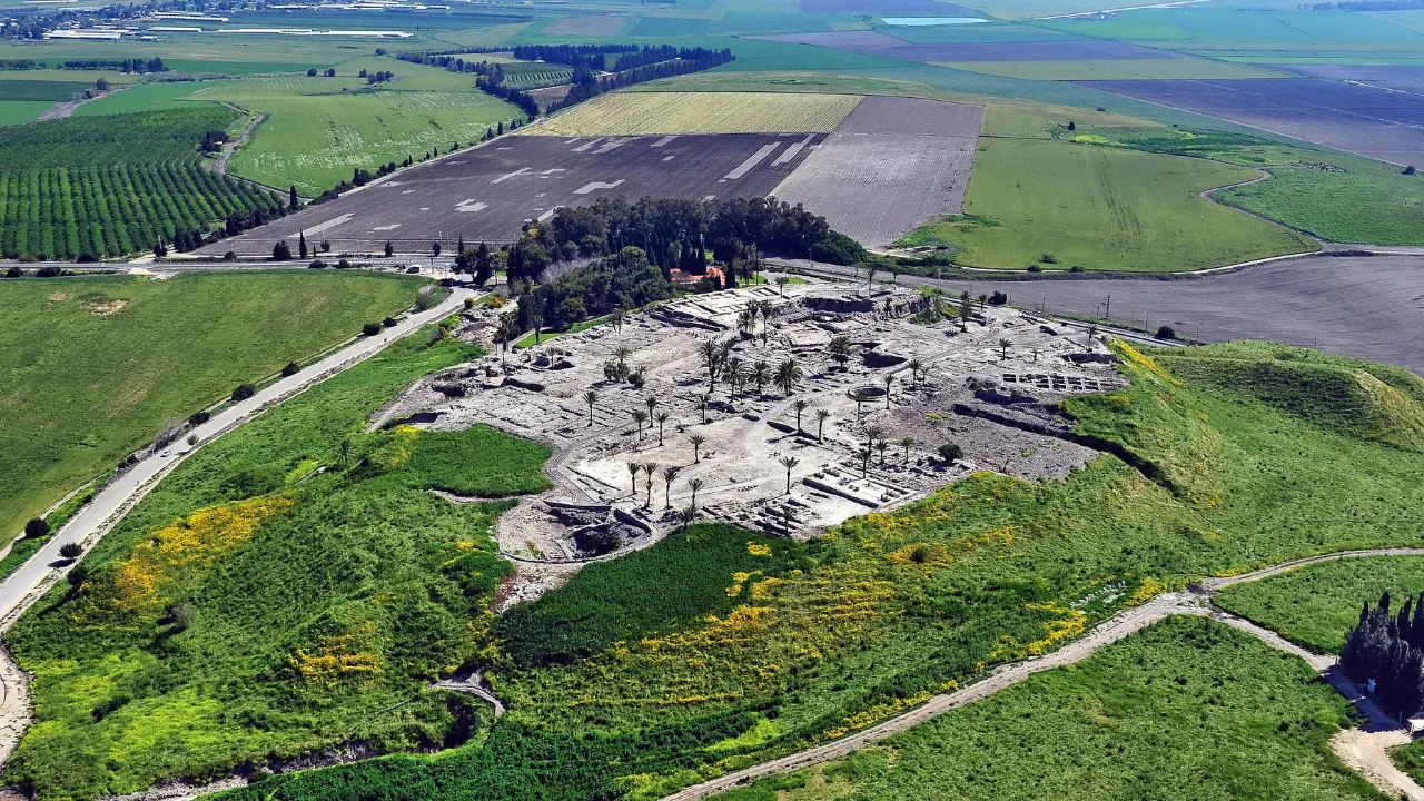 A photo of the Tel Megiddo with archaeological remains from the Bronze and Iron Ages.