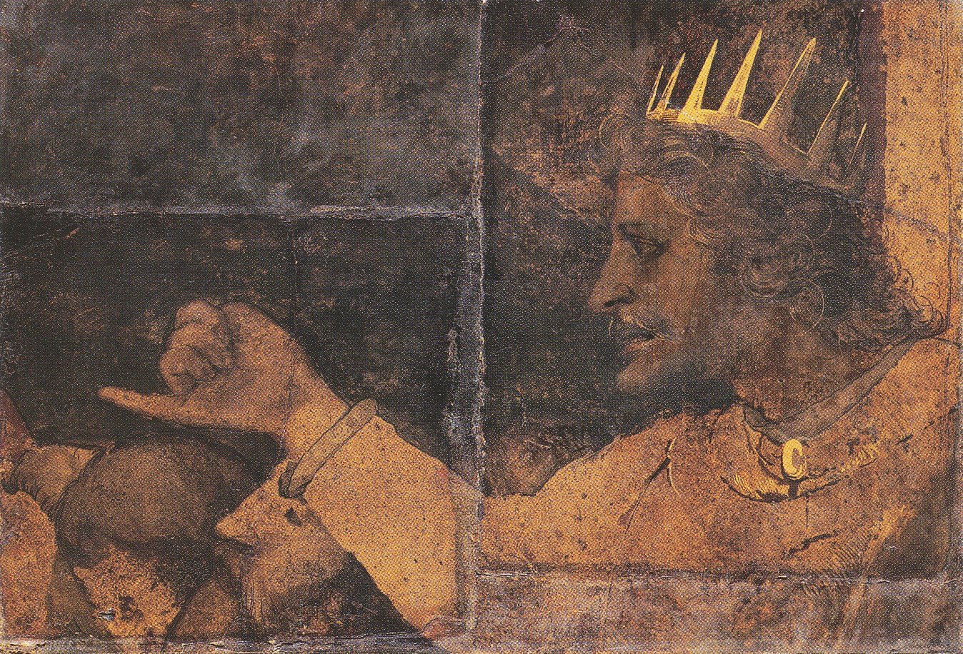 Rehoboam depicted on a fragment of the wall painting originally in the Great Council Chamber of Basel Town Hall, but now kept at the Kunstmuseum Basel in Switzerland