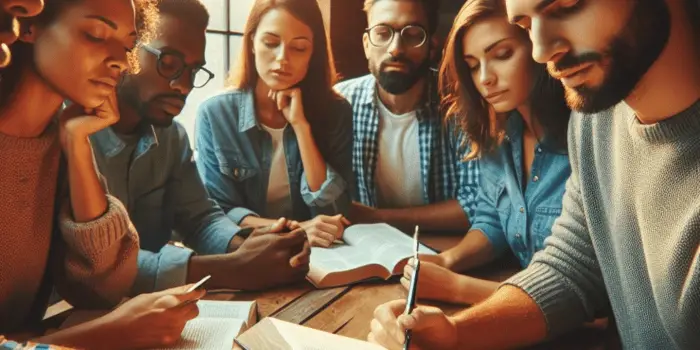 a group of young people studying the bible together.