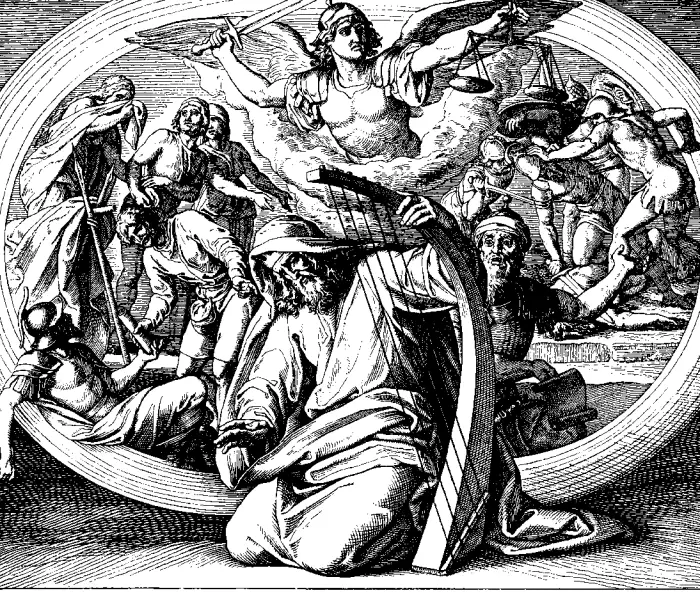 David is depicted giving a penitential psalm in this 1860 woodcut by Julius Schnorr von Karolsfeld