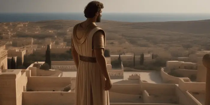King David looking down from the rooftop entertaining the thought of having an affair with Bathsheba.