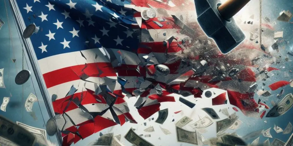 the flag of the united states broken by the hammer of national debt