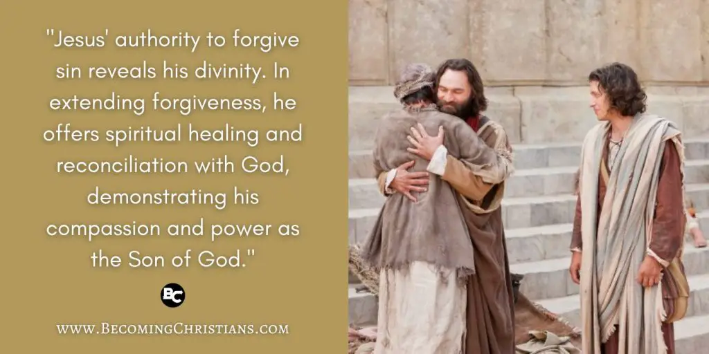 Powerful lessons from the Parable of the Two Debtors. Jesus' authority to forgive sin reveals his divinity. In extending forgiveness, he offers spiritual healing and reconciliation with God, demonstrating his compassion and power as the Son of God. 