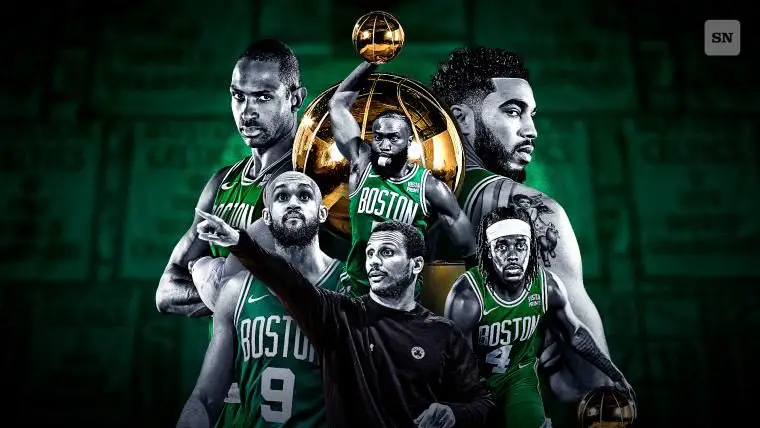 Boston Celtics team with their coach winning the championship