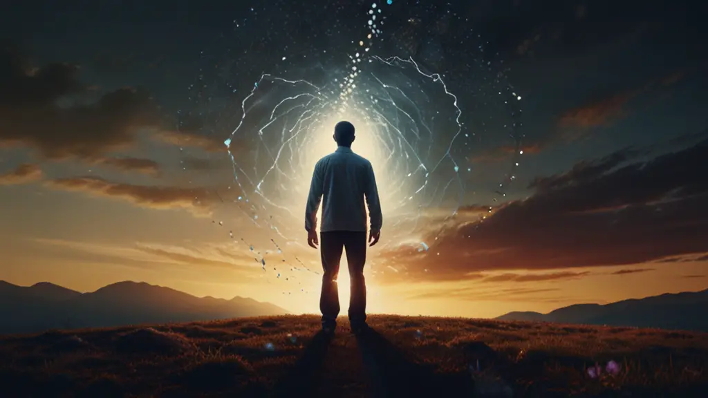 a man standing as if struck by a lighting with eye opening experience