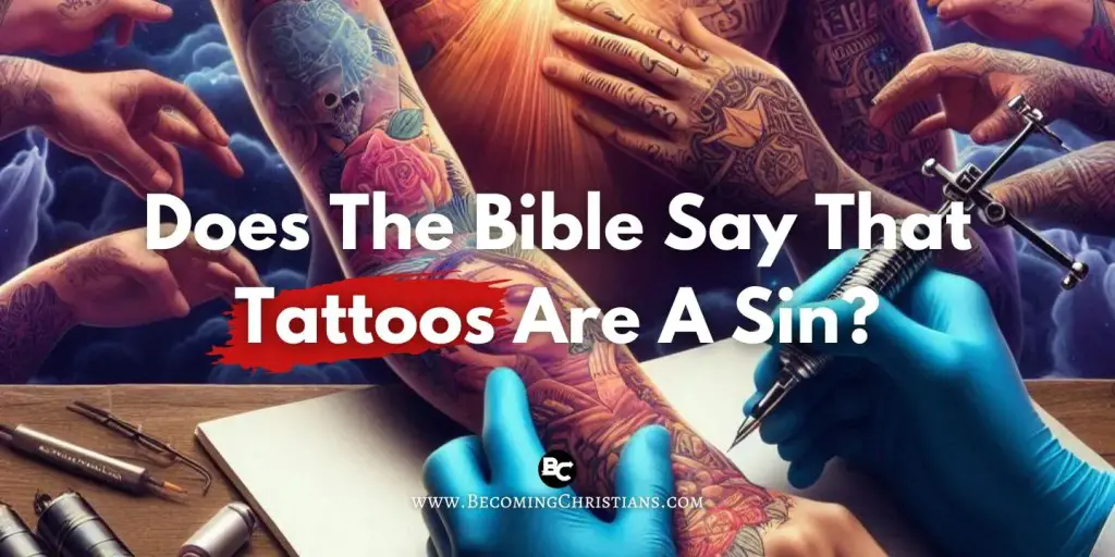 A tattoo artist tattooing on a hand with a text that says Does The Bible Say That Tattoos Are A Sin