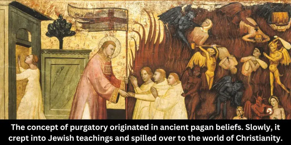 Image of priests praying for the dead so they go to heaven with a caption of the origin of purgatory.