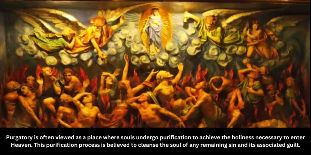 image of how purgatory is like with angels and Mary above while sinners desperately reach out up to heaven.