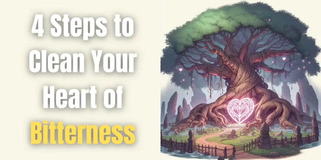 a huge tree with a heart beneath it and a text overlay that says 4 Steps on how to Clean Your Heart from Bitterness