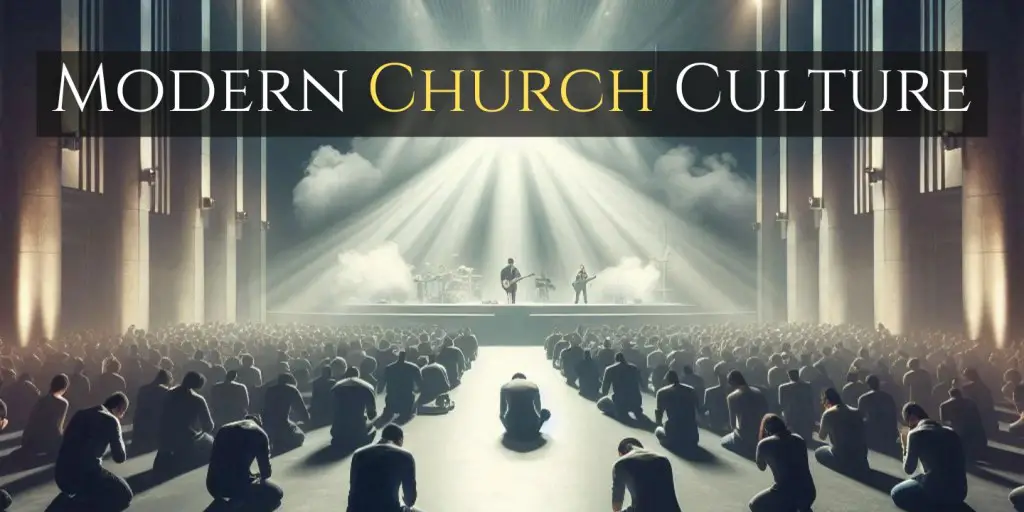  dramatic and thought-provoking image of a modern church interior with a stark contrast between a small group of people praying humbly in a corner and a large, concert-like stage setup with bright lights and smoke effects