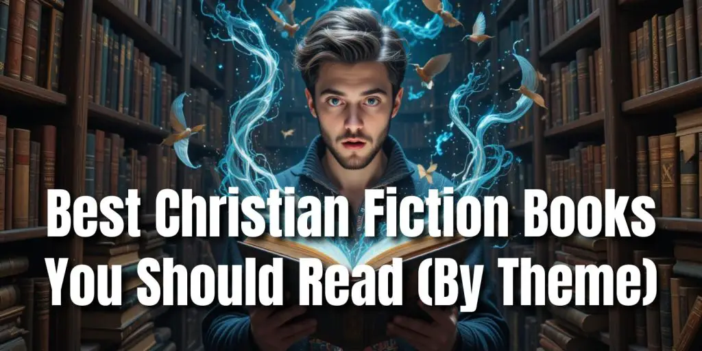a person reading a book with other books and a text overlay that says best christian fiction books by theme