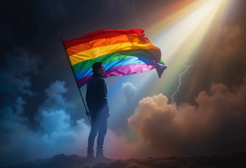 a man standing and holding a rainbow flag with light