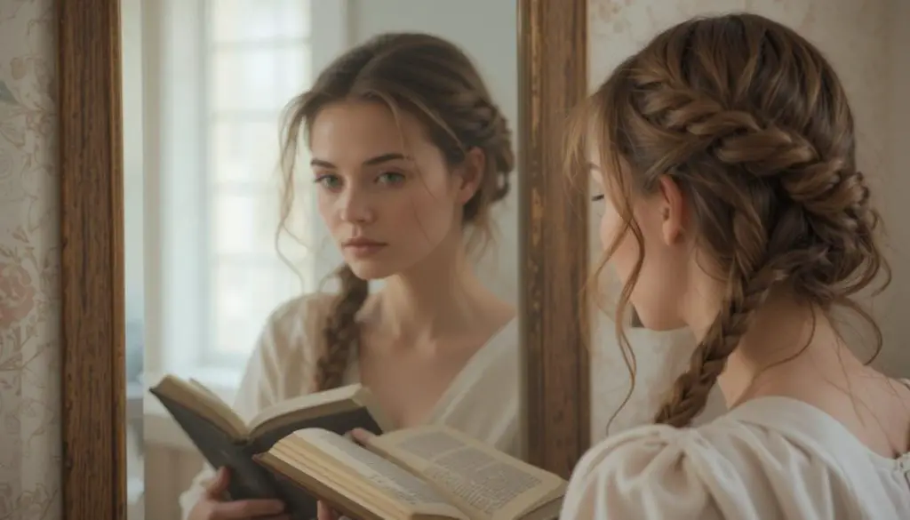 a woman with braided hair looking at the mirror and holding a bible