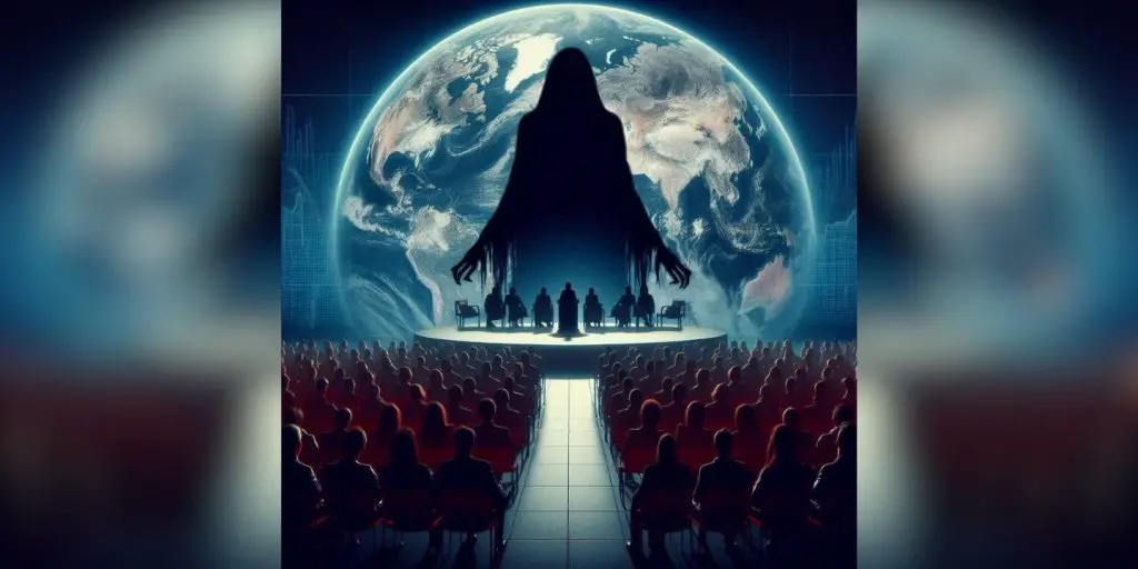 the antichrist standing before a huge crowd influencing every system of the world