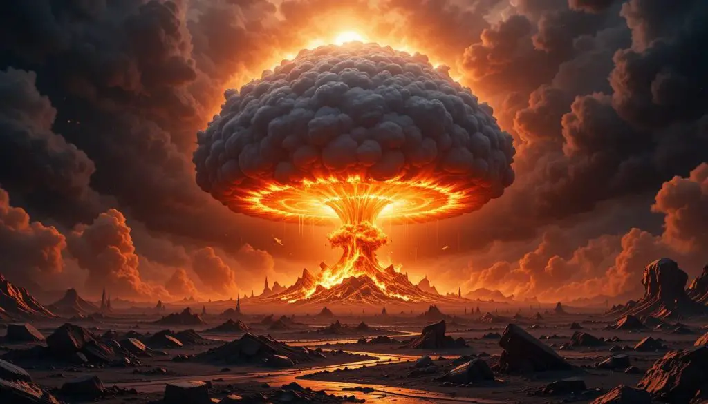 the world engulfed in nuclear war with the mushroom cloud destruction