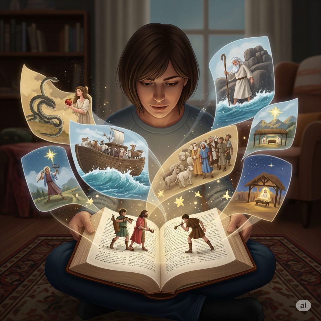 a woman reading bible story with images projected