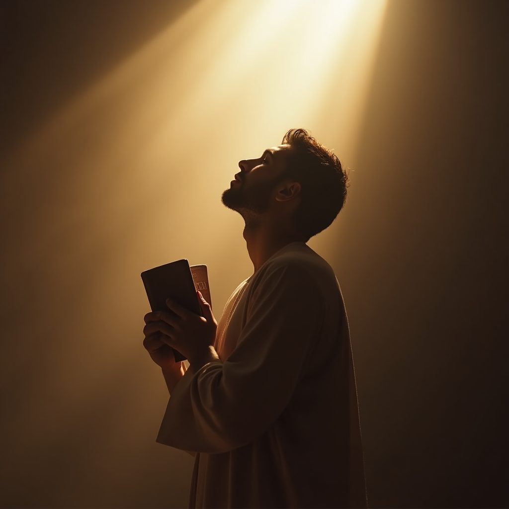 Looking up while holding a bible in prayer and meditation