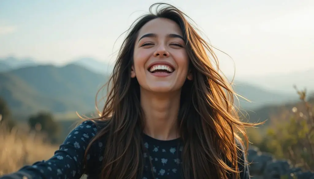 a beautiful woman smiling and is happy with a mountain background