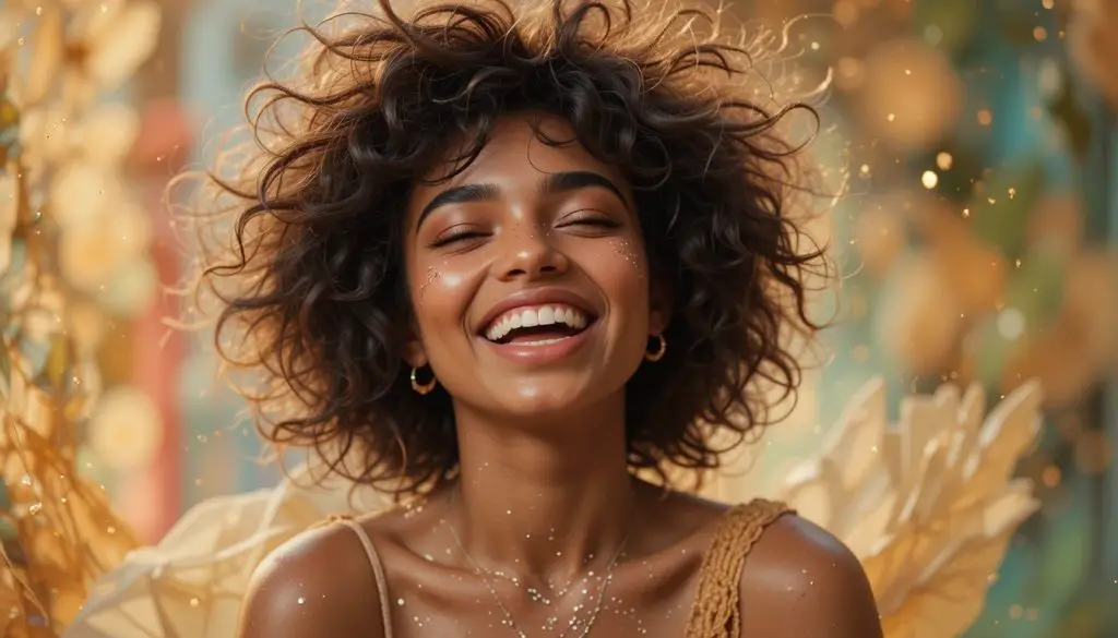 a woman smiling with a radiant background