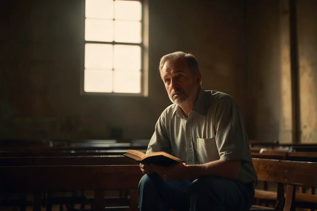 a man reading the bible while looking up inside a church