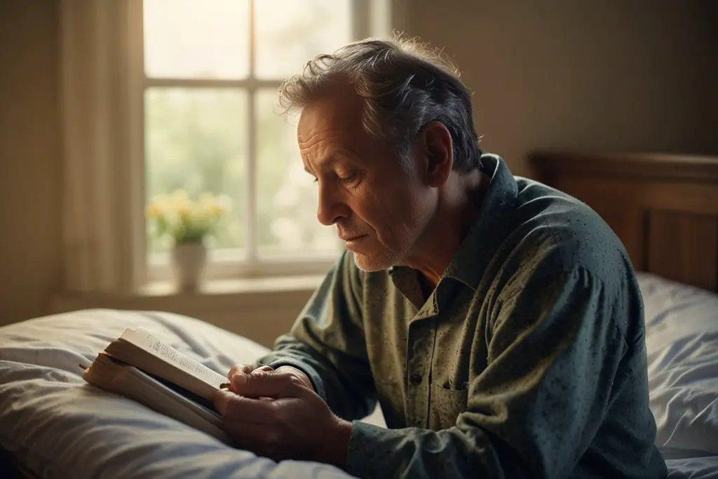 a man sitting beside the bed reading the bible and in deep prayer