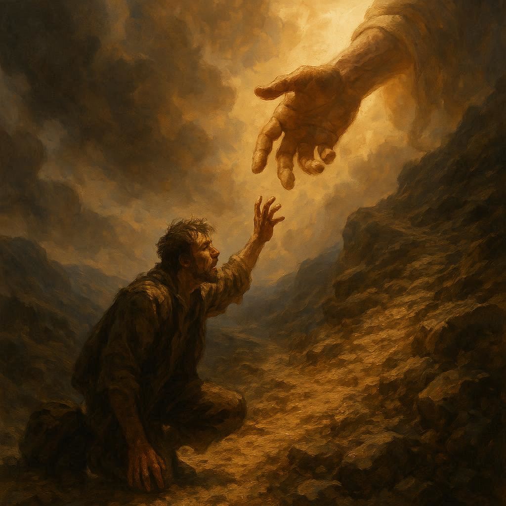 a man who is tired and a hand from heaven is helping him