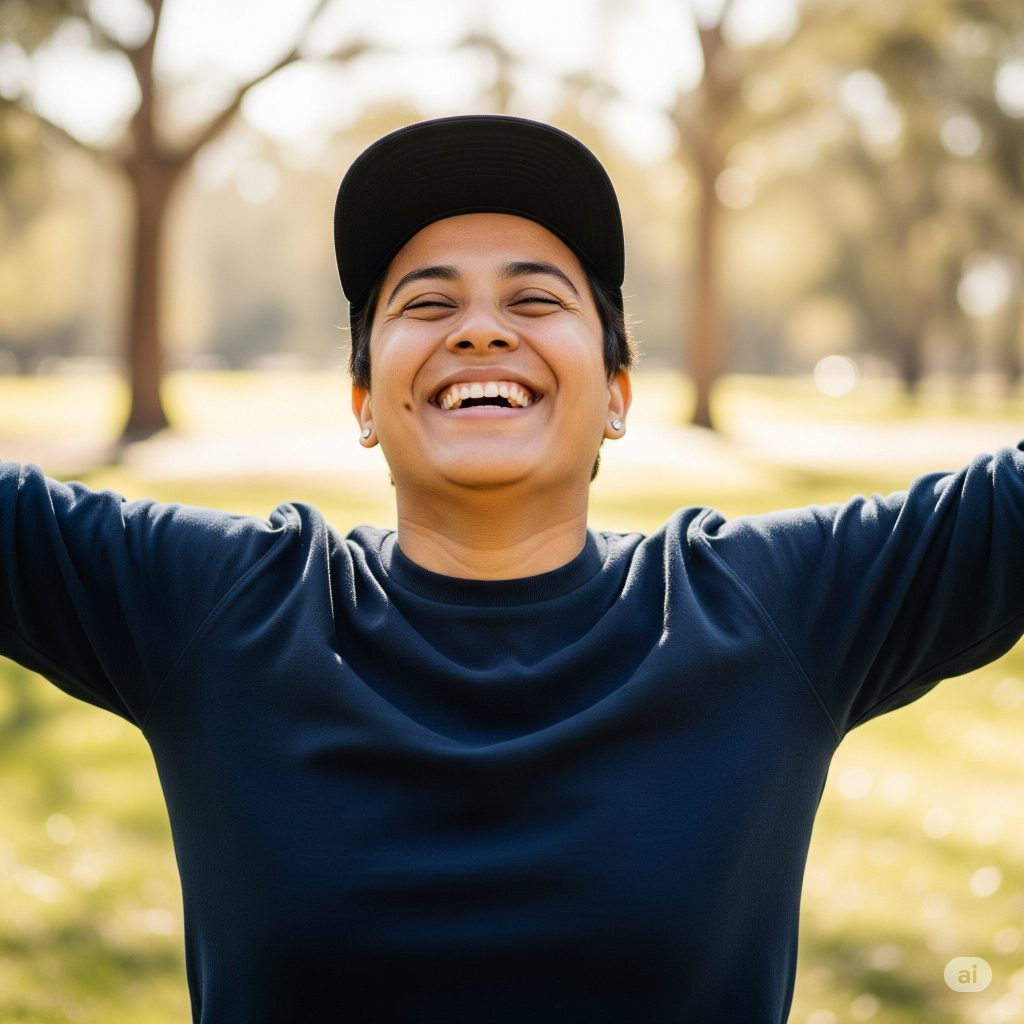 a man with his arms wide open with a smiling face in an outdoor setting