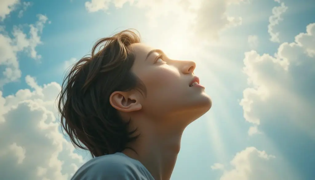 a person who is filled with hope looking up to the sky