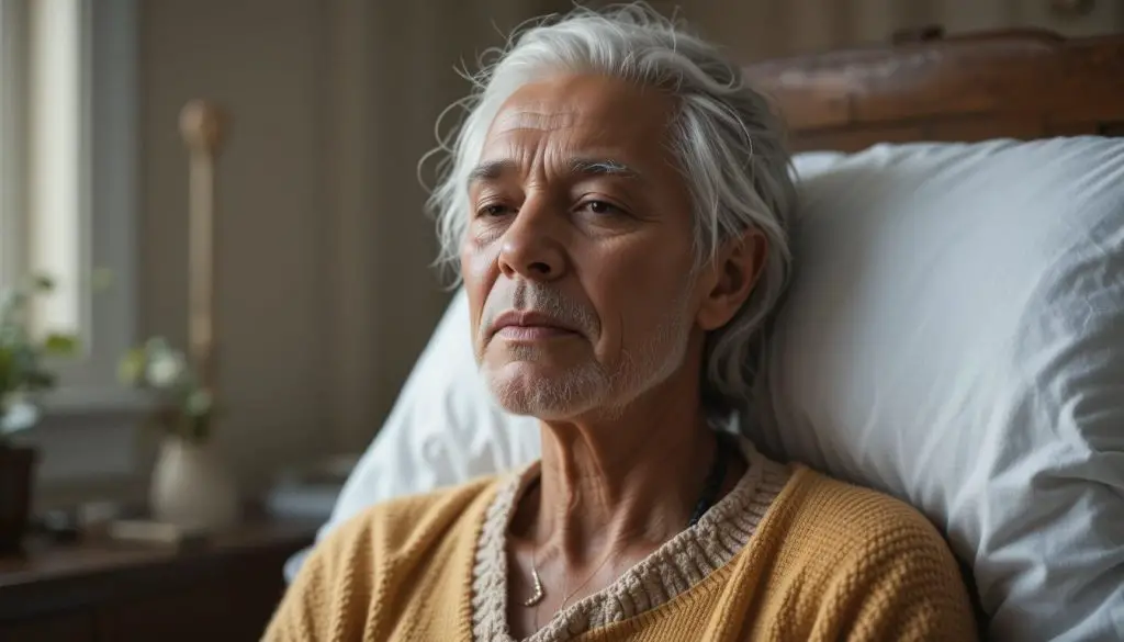 a sick man sitting on a bed praying for healing