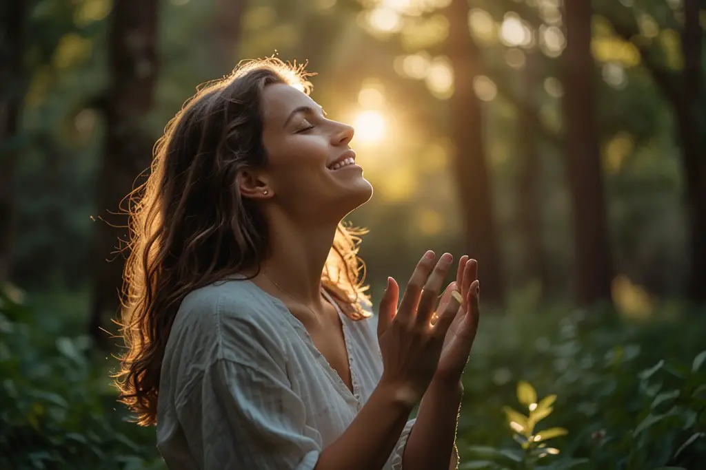 a woman looking up with eyes close happy in the middle of a forest with the sun beaming towards her