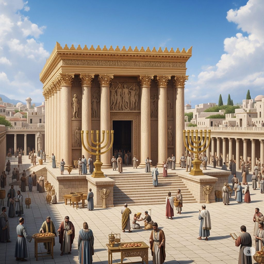 the third temple image with menorah and people outside