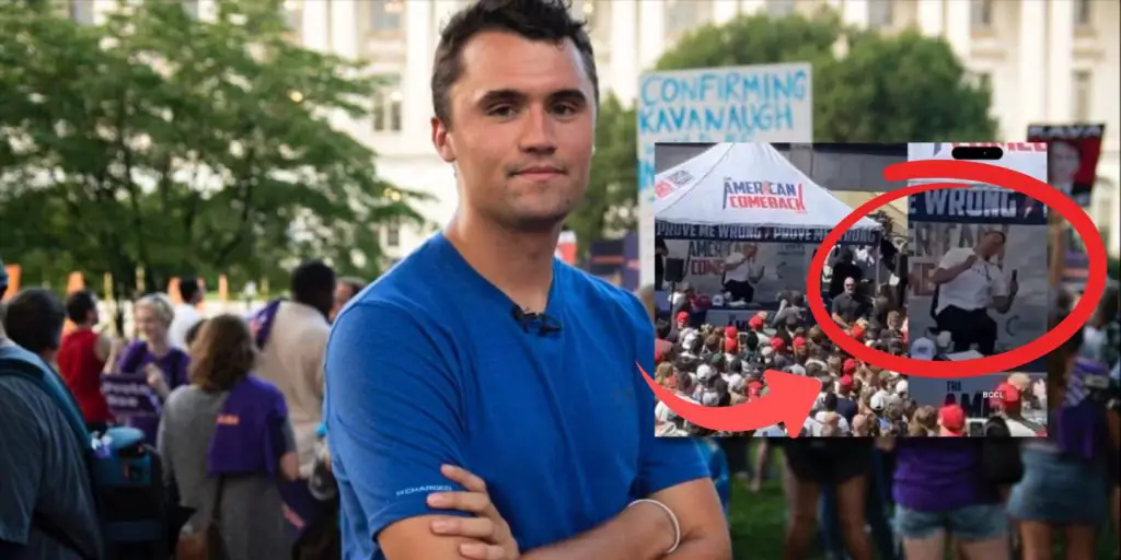 a photo of charlie kirk in one of his political tours while another photo of him fatally shot to the neck