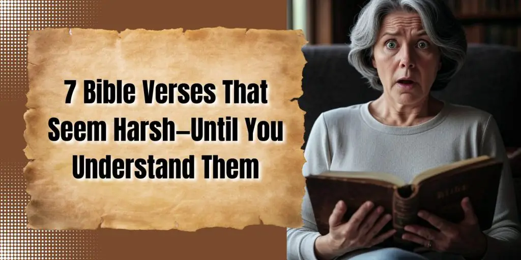 Graphic displaying "7 Bible Verses That Seem Harsh Until Understood," with verses and brief insights for better comprehension.