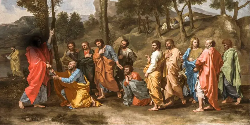 A painting depicting Jesus and his disciples gathered in a lush green field, engaged in conversation and reflection.