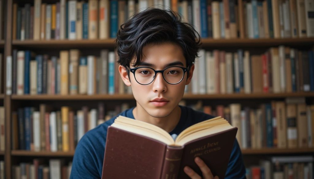a young adult reading books to improve himself