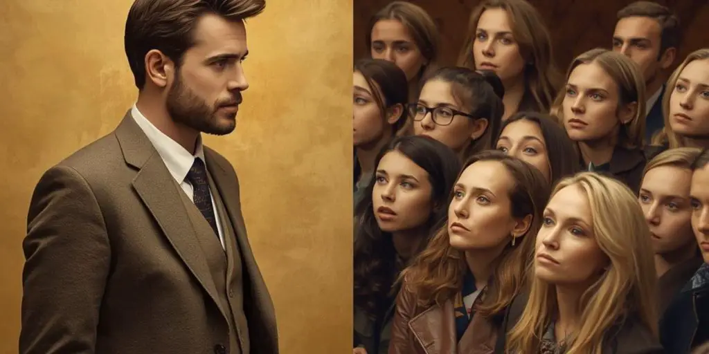 a good man standing on one side looking kind and nice while on the other side is a crowd of women looking at her with a boredom look.