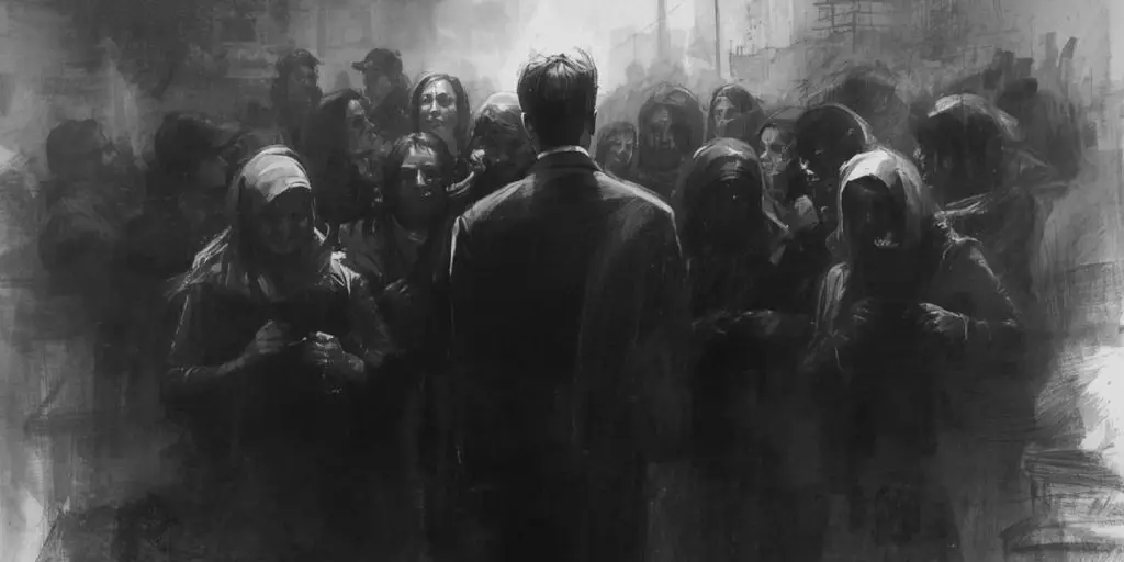 a single man in a crowd of women.