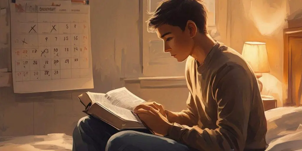 an illustration of a person reading the bible in his room. in the background, there is a calendar in the month of december with a few days marked as X.