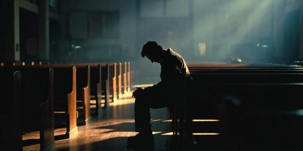 A cinematic, moody scene of an empty church sanctuary at dusk. Rows of wooden pews are dimly lit, with soft shadows stretching across the floor. In the foreground, a single person sits alone on a pew, slightly slouched, head bowed—not in prayer, but in quiet exhaustion. No face visible.