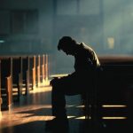 A cinematic, moody scene of an empty church sanctuary at dusk. Rows of wooden pews are dimly lit, with soft shadows stretching across the floor. In the foreground, a single person sits alone on a pew, slightly slouched, head bowed—not in prayer, but in quiet exhaustion. No face visible.