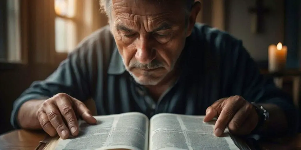A man sitting quietly, reading a Bible with focused attention in a serene environment.