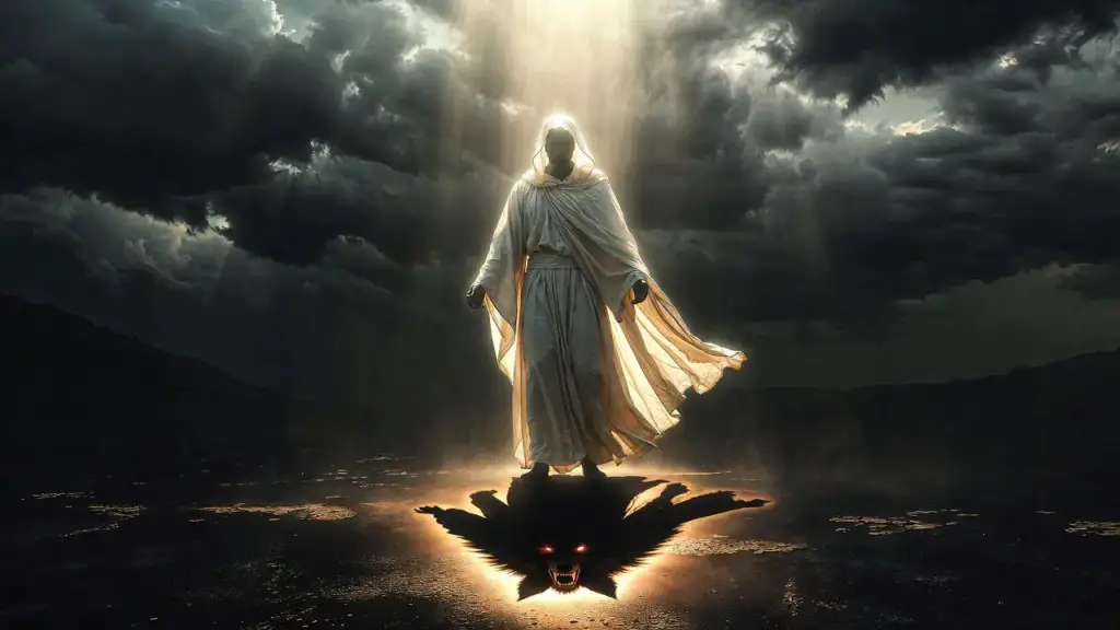 A dramatic, cinematic digital illustration of a person dressed as a shepherd in white robes, glowing softly with holy light, but casting a dark shadow behind them that reveals a wolf with glowing red eyes. The atmosphere is moody and mysterious, with storm clouds, rays of divine light breaking through the sky, strong contrast, symbolic, spiritual, high detail, ultra-realistic, 4k, cinematic lighting, emotional, Christian symbolism, concept art style.