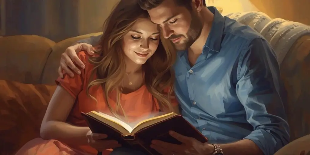 a loving husband and wife reading the bible together. The ambiance of the house is warm, bright, and peaceful.